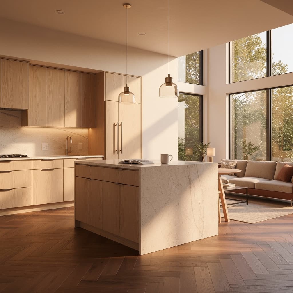 Modern ADU interior with rift-cut white oak cabinetry and open floor plan under 1200 square feet in Los Gatos California
