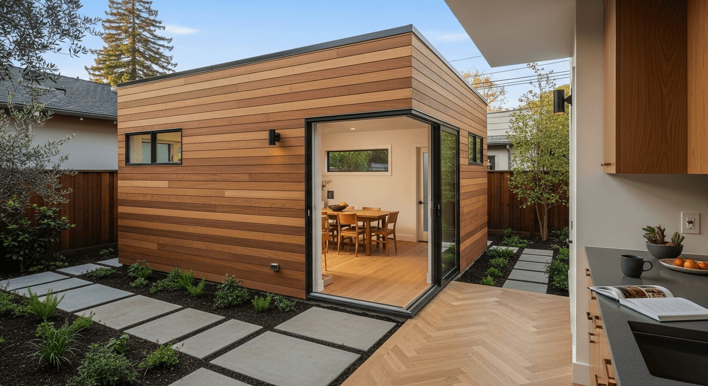 Detached ADU with cedar cladding and modern landscaping in Los Gatos, illustrating California ADU size limits for 2026