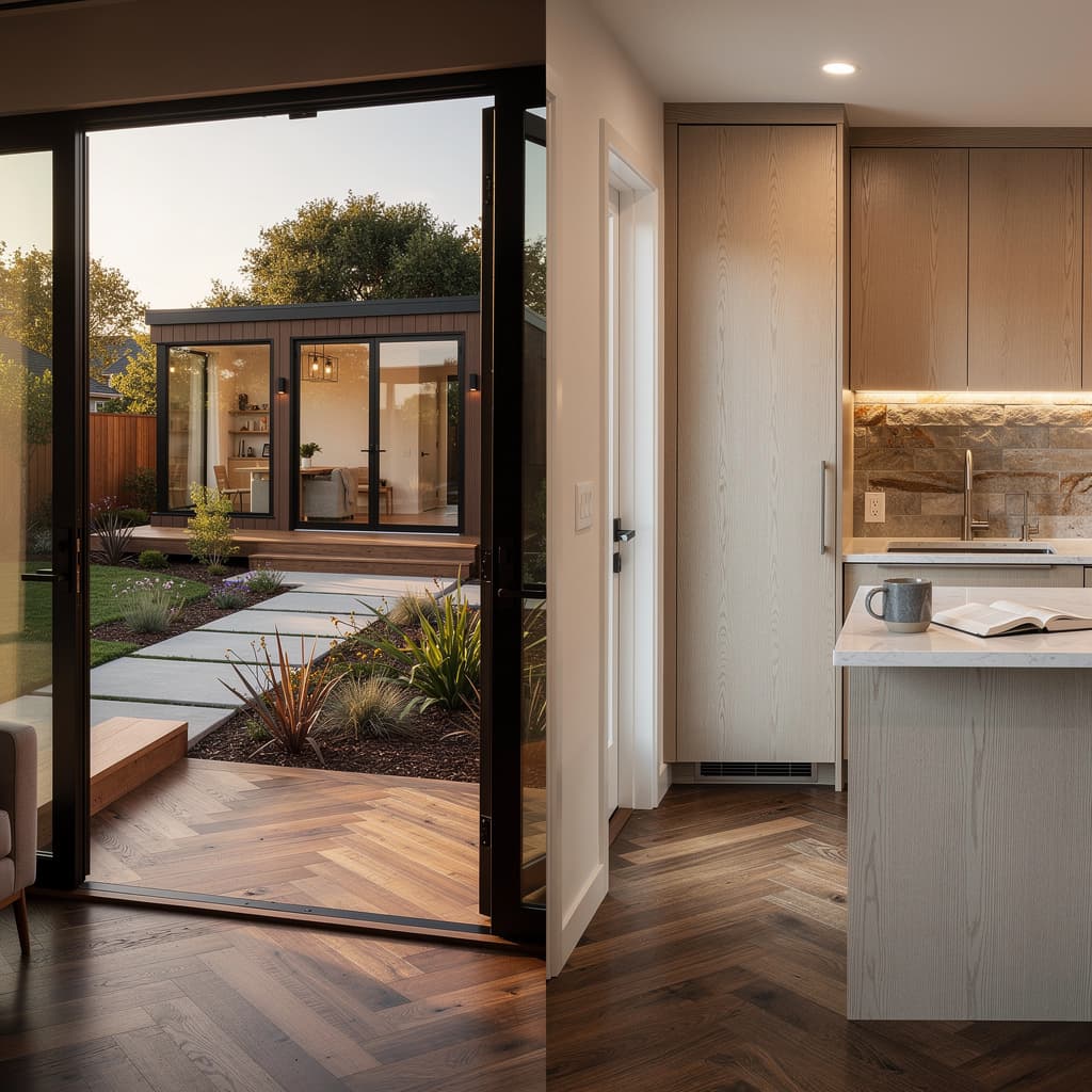 Side-by-side comparison of a detached ADU and a JADU conversion in a Bay Area backyard showing the key differences between ADU vs JADU in California